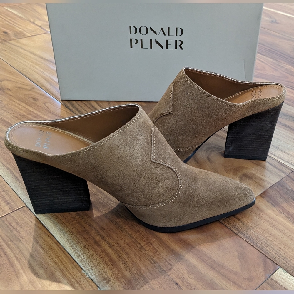 Donald J. Pliner Taupe Suede Block Heel Mules
